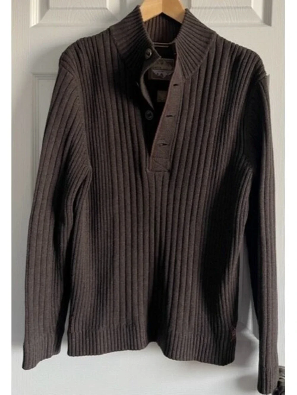 Eddie Bauer Sport Shop Sweater 1/4 Button Ribbed Mens M Dark Brown Mock Neck EUC